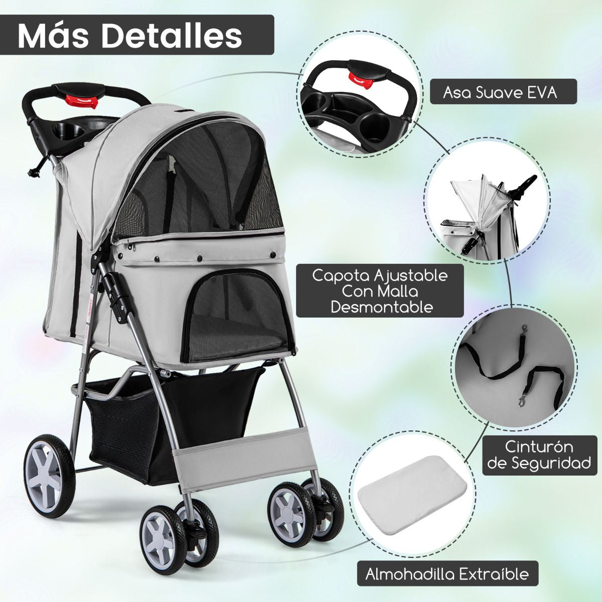 Cochecito Plegable para Mascotas de 4 Ruedas, Transportín Portátil para Gatos y Perros con Cesta y Ventana, Dimensiones 87 x 46 x 102 cm
