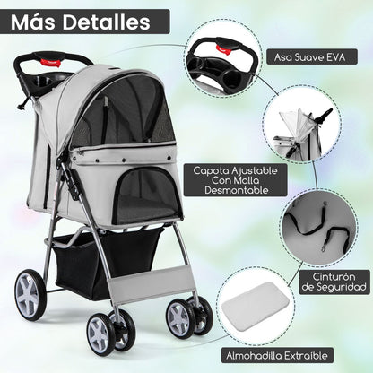 Cochecito Plegable para Mascotas de 4 Ruedas, Transportín Portátil para Gatos y Perros con Cesta y Ventana, Dimensiones 87 x 46 x 102 cm