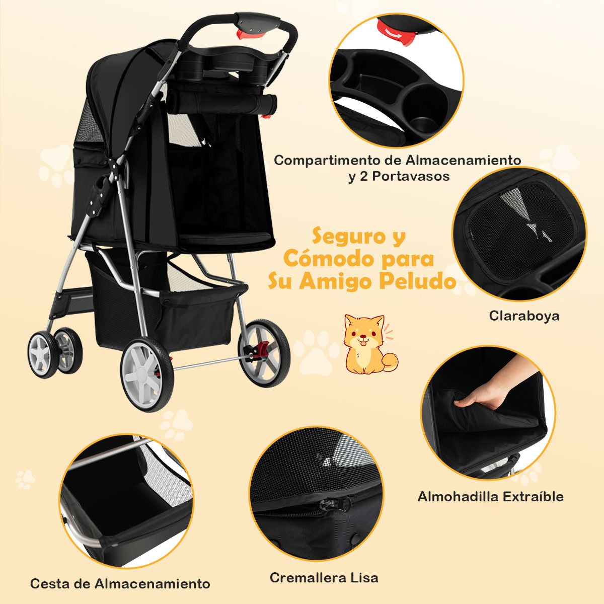 Cochecito Plegable para Mascotas de 4 Ruedas, Transportín Portátil para Gatos y Perros con Cesta y Ventana, Dimensiones 87 x 46 x 102 cm