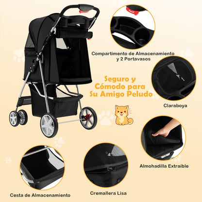 Cochecito Plegable para Mascotas de 4 Ruedas, Transportín Portátil para Gatos y Perros con Cesta y Ventana, Dimensiones 87 x 46 x 102 cm
