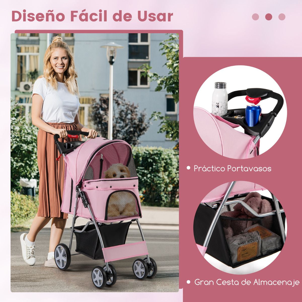 Cochecito Plegable para Mascotas de 4 Ruedas, Transportín Portátil para Gatos y Perros con Cesta y Ventana, Dimensiones 87 x 46 x 102 cm
