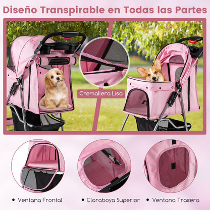 Cochecito Plegable para Mascotas de 4 Ruedas, Transportín Portátil para Gatos y Perros con Cesta y Ventana, Dimensiones 87 x 46 x 102 cm