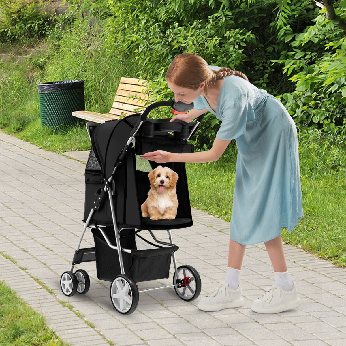 Cochecito Plegable para Mascotas de 4 Ruedas, Transportín Portátil para Gatos y Perros con Cesta y Ventana, Dimensiones 87 x 46 x 102 cm