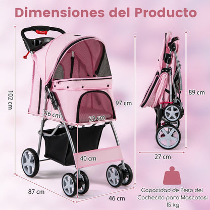 Cochecito Plegable para Mascotas de 4 Ruedas, Transportín Portátil para Gatos y Perros con Cesta y Ventana, Dimensiones 87 x 46 x 102 cm