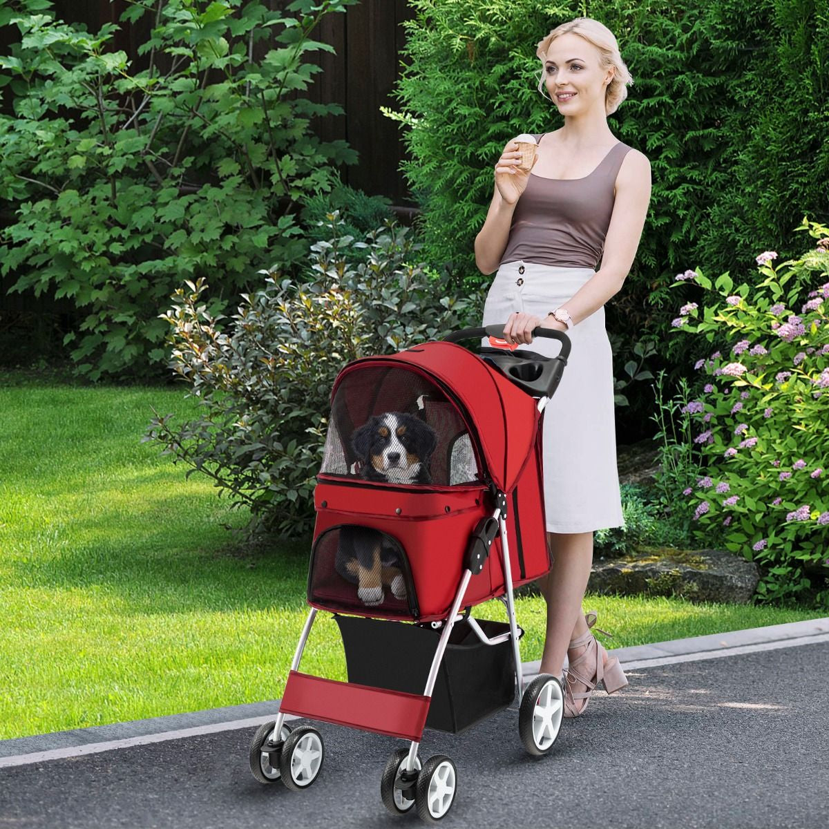 Cochecito Plegable para Mascotas de 4 Ruedas, Transportín Portátil para Gatos y Perros con Cesta y Ventana, Dimensiones 87 x 46 x 102 cm