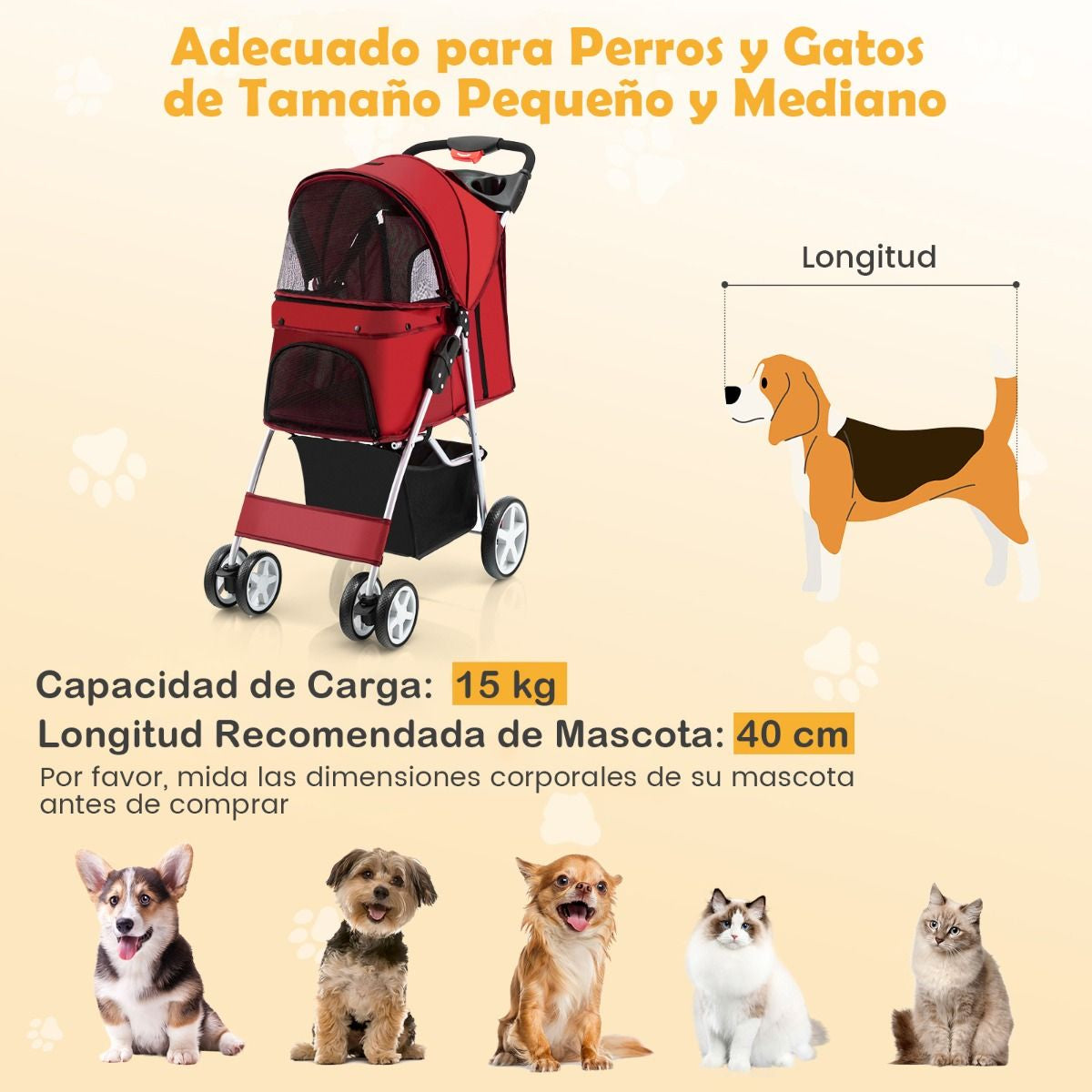 Cochecito Plegable para Mascotas de 4 Ruedas, Transportín Portátil para Gatos y Perros con Cesta y Ventana, Dimensiones 87 x 46 x 102 cm