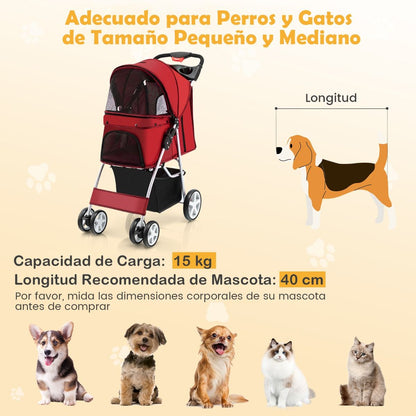 Cochecito Plegable para Mascotas de 4 Ruedas, Transportín Portátil para Gatos y Perros con Cesta y Ventana, Dimensiones 87 x 46 x 102 cm