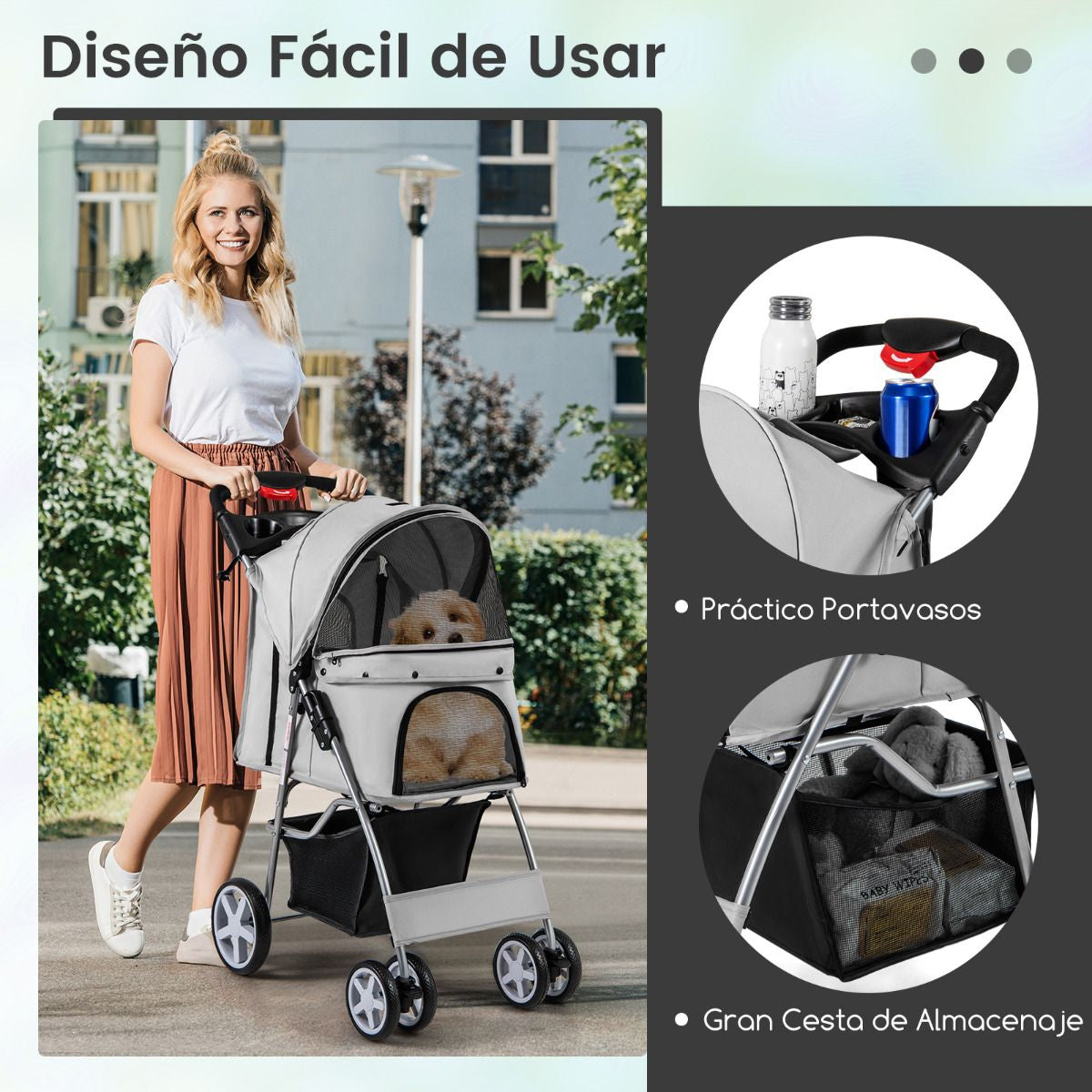 Cochecito Plegable para Mascotas de 4 Ruedas, Transportín Portátil para Gatos y Perros con Cesta y Ventana, Dimensiones 87 x 46 x 102 cm