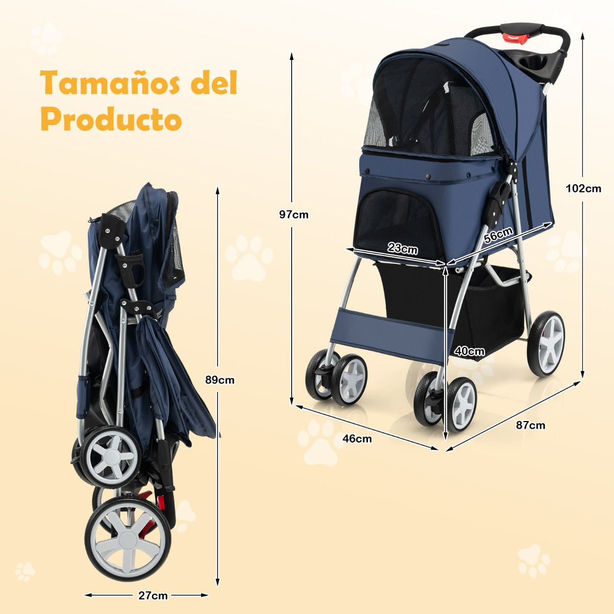 Cochecito Plegable para Mascotas de 4 Ruedas, Transportín Portátil para Gatos y Perros con Cesta y Ventana, Dimensiones 87 x 46 x 102 cm