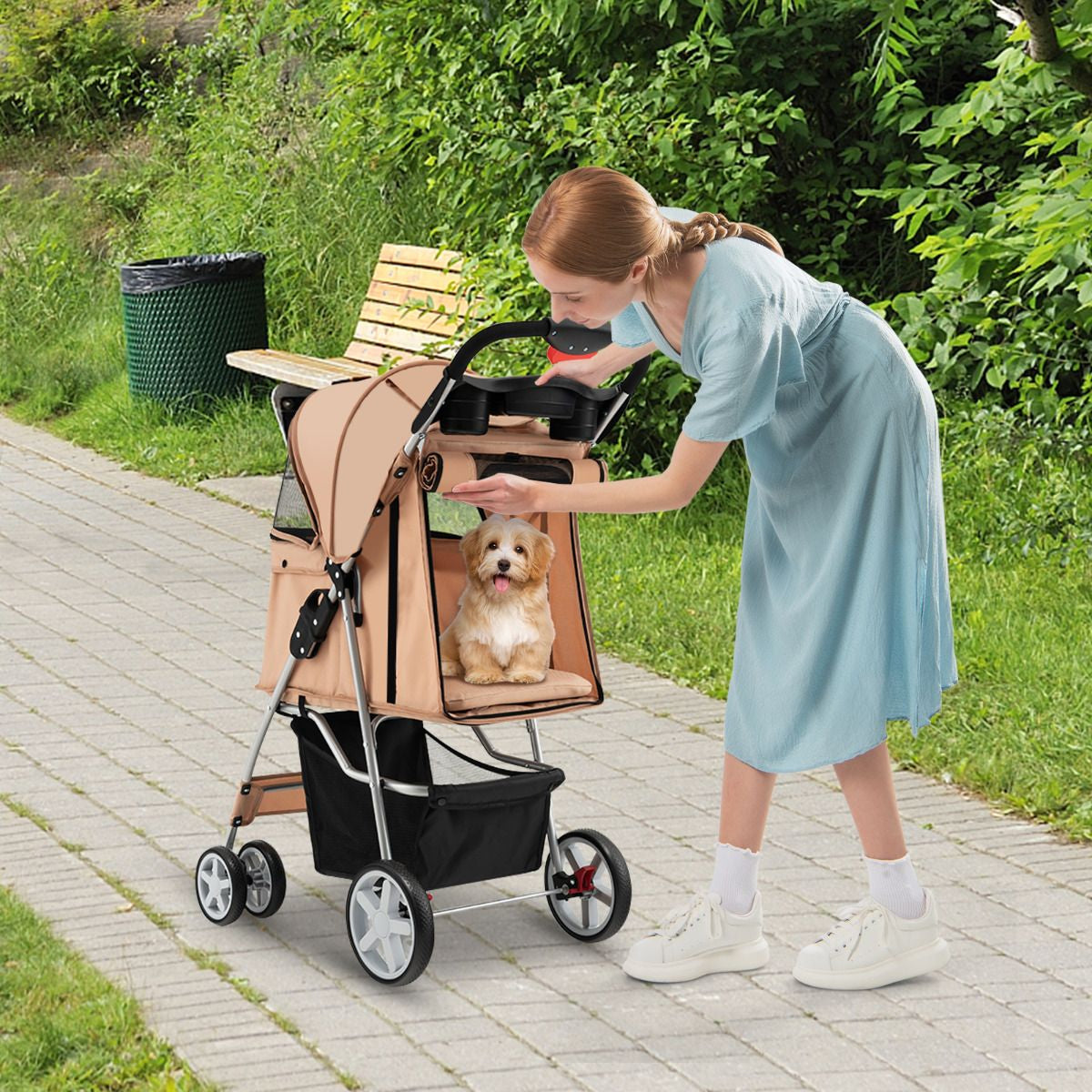 Cochecito Plegable para Mascotas de 4 Ruedas, Transportín Portátil para Gatos y Perros con Cesta y Ventana, Dimensiones 87 x 46 x 102 cm